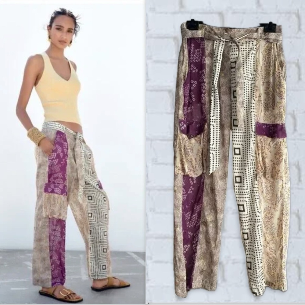Zara boho mix print patchwork high waisted pants